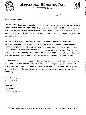 Advanced Window, Inc. Testimonial Letter