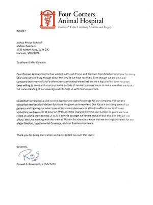 Four Corners Animal Hospital Testimonial Letter